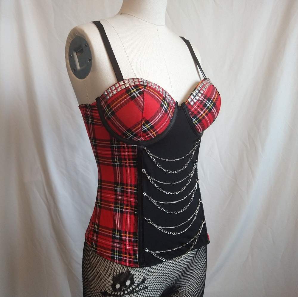 ❌SOLD Morbid Threads Punk Corset Bustier Red Plaid Goth - Picture 3 of 11